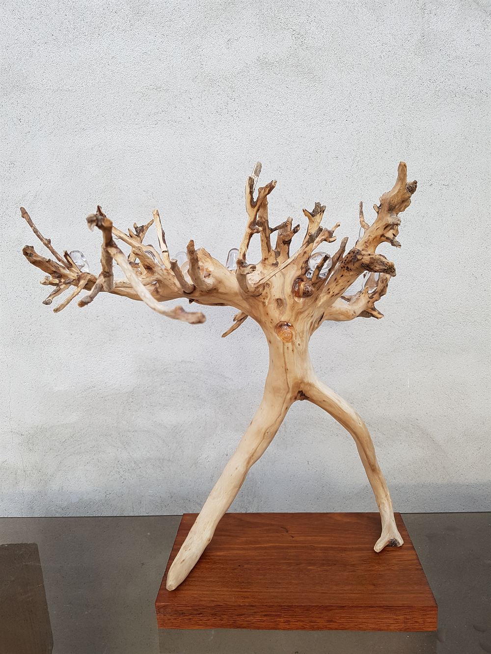 Een beeld van hout: een boomvorm op twee gegroeide poten, op een houten sokkel